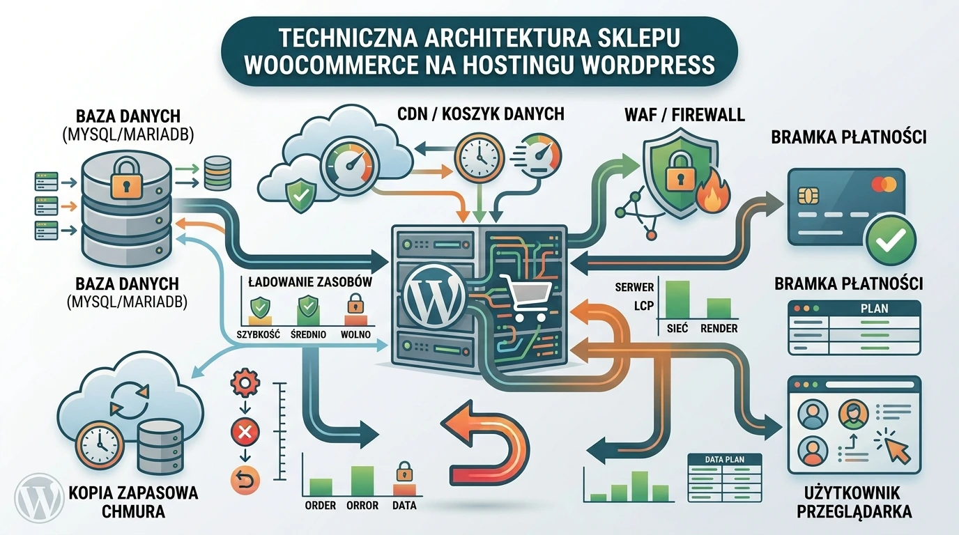 Schemat architektury sklepu WooCommerce na hostingu WordPress pokazujący połączenia między serwerem, bazą danych, CDN i bramką płatności