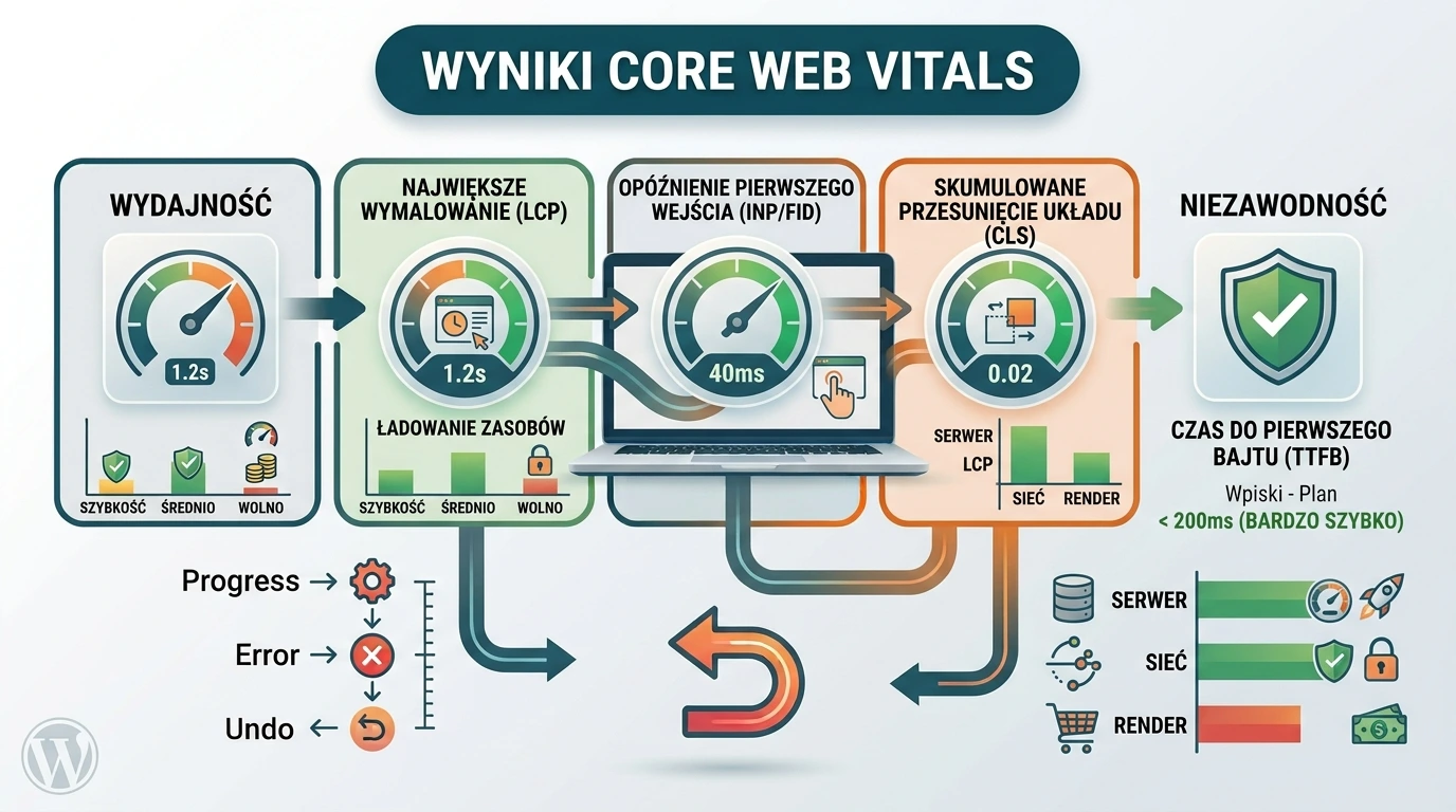 Dashboard prędkości strony WordPress z wynikami Core Web Vitals pokazującymi zielone wskaźniki LCP, FID i CLS na szybkim hostingu