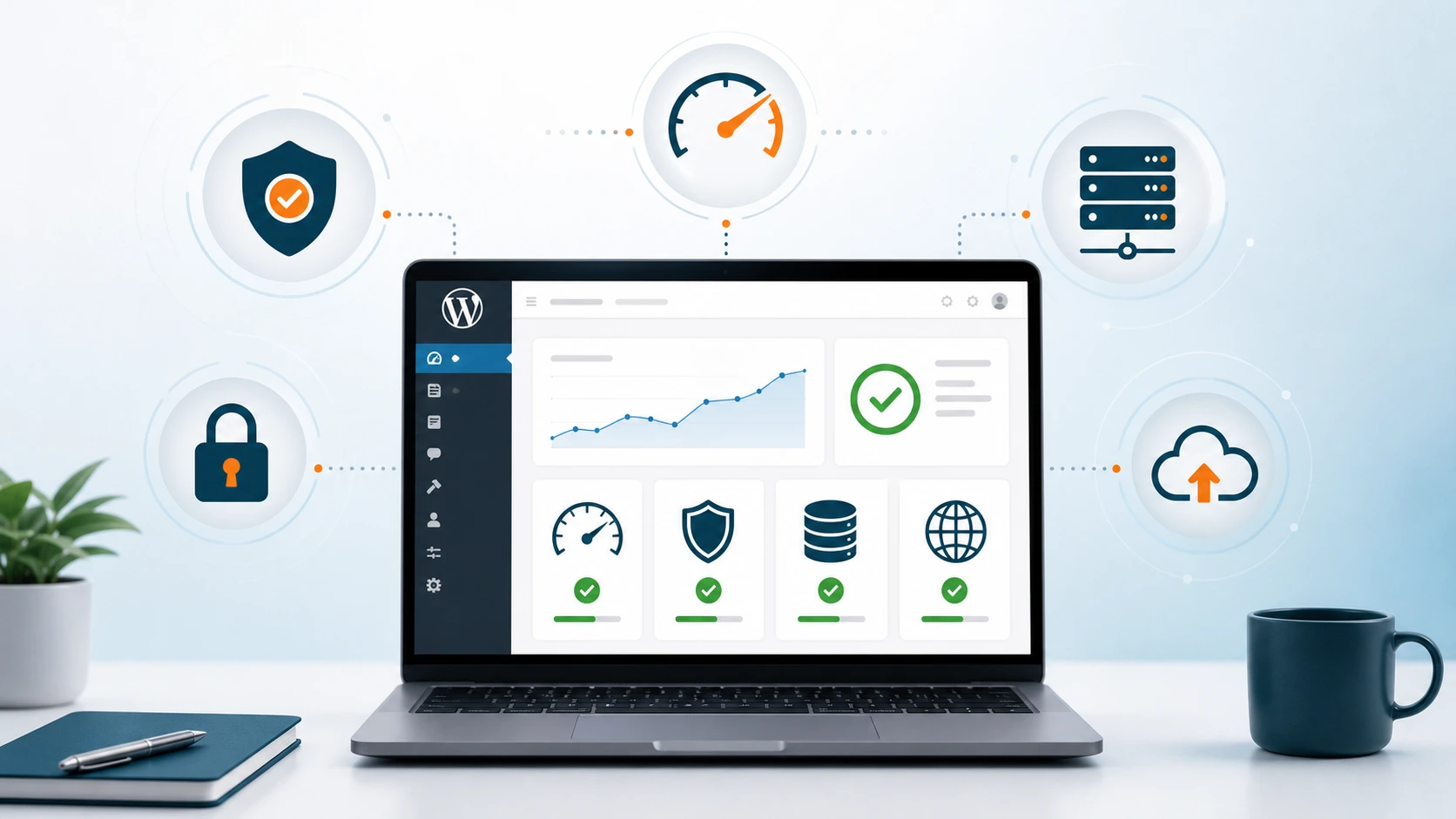 Panel administracyjny WordPress na ekranie laptopa z ikonami serwera, tarczy bezpieczeństwa i prędkościomierza symbolizującymi wydajny hosting