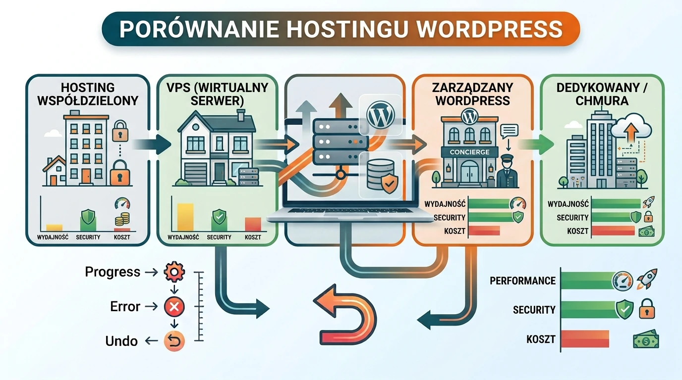Infografika porównująca cztery typy hostingu WordPress: współdzielony, VPS, managed i dedykowany z ikonami wydajności i kosztów